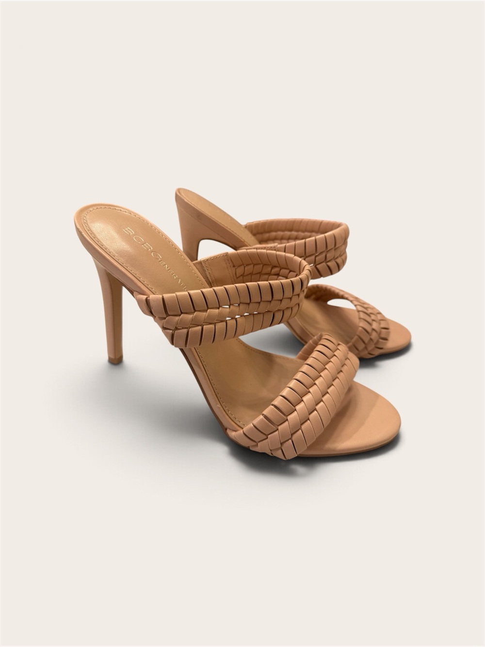 BCBG Tan Braided Double-Strap Stiletto Sandals